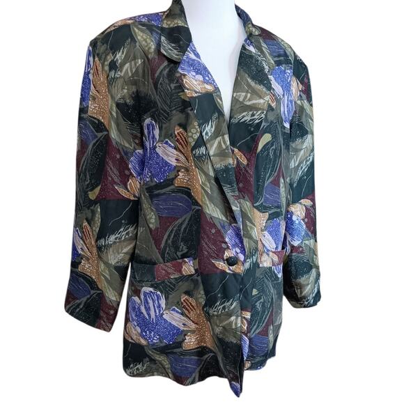 VINTAGE 80s 90s‎ Floral Silk Jacket Blazer M Artsy Tropical Career Office Work - Picture 12 of 13